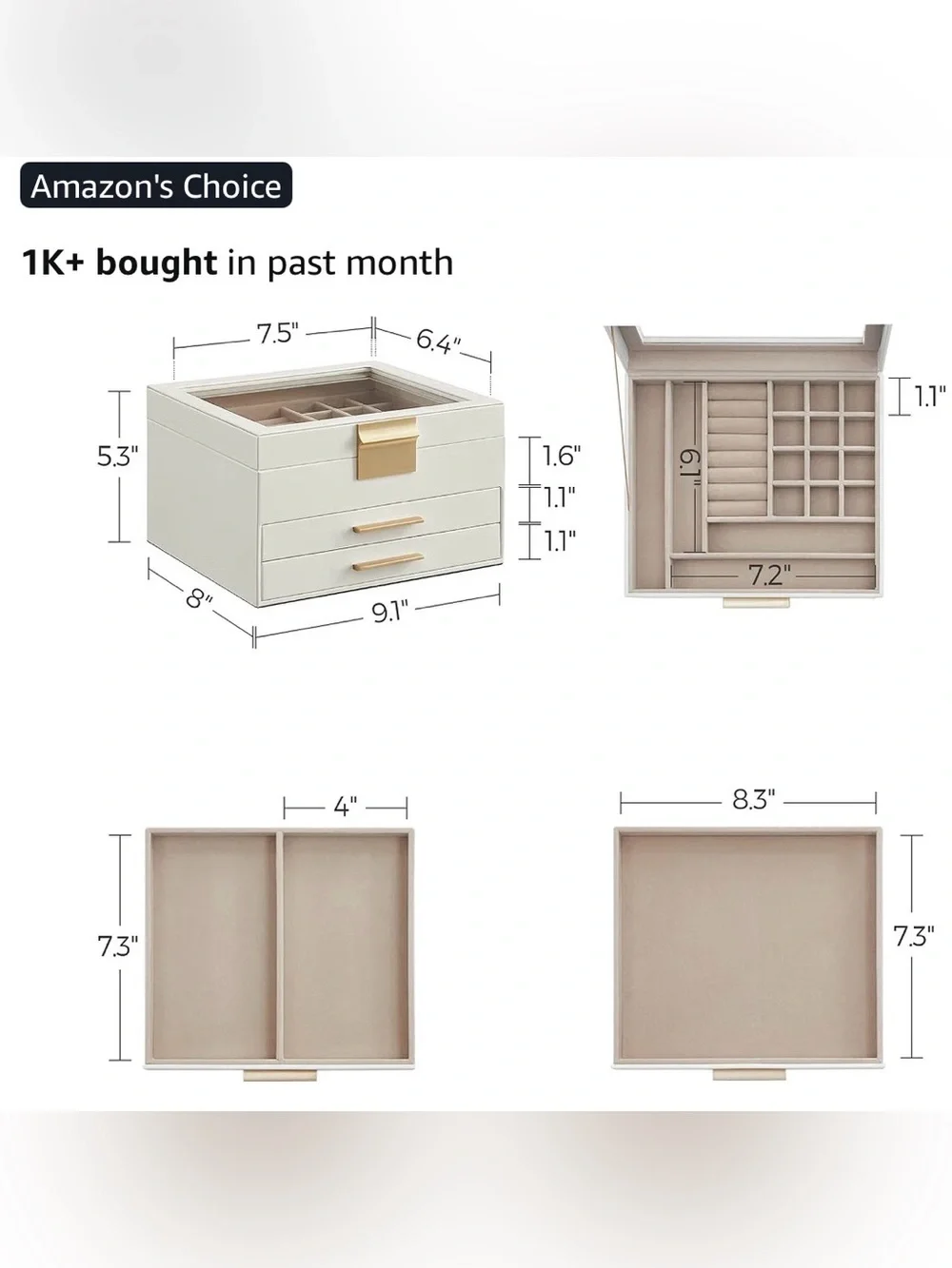 Cream Jewelry Organizer Box with Drawers and Tray
